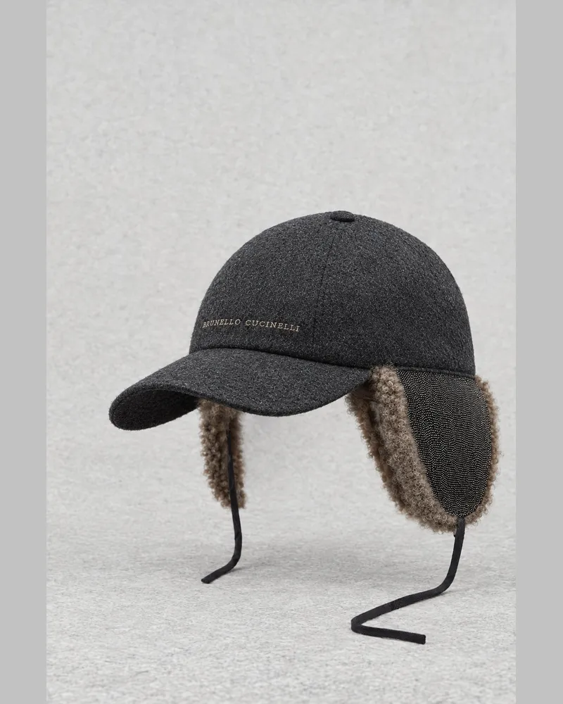 Brunello Cucinelli Womens Charcoal Wool Hat With Shearling Ear Flaps Accessories & Slg Charcoal