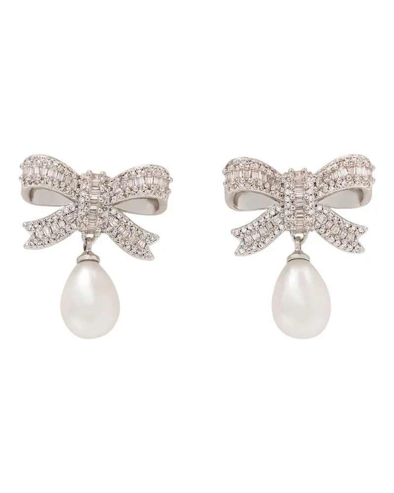 Self-Portrait Women's Crystal Bow Pearl Droplet Earrings Self Portrait Metal Silver Jewelry-Watches Silver