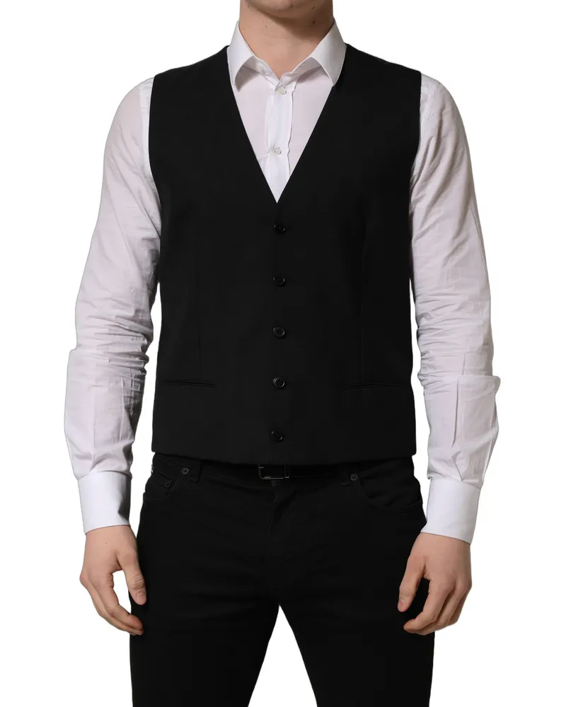 Dolce & Gabbana Men's Black Wool Single Breasted Waistcoat Vest Virgin Clothing Black