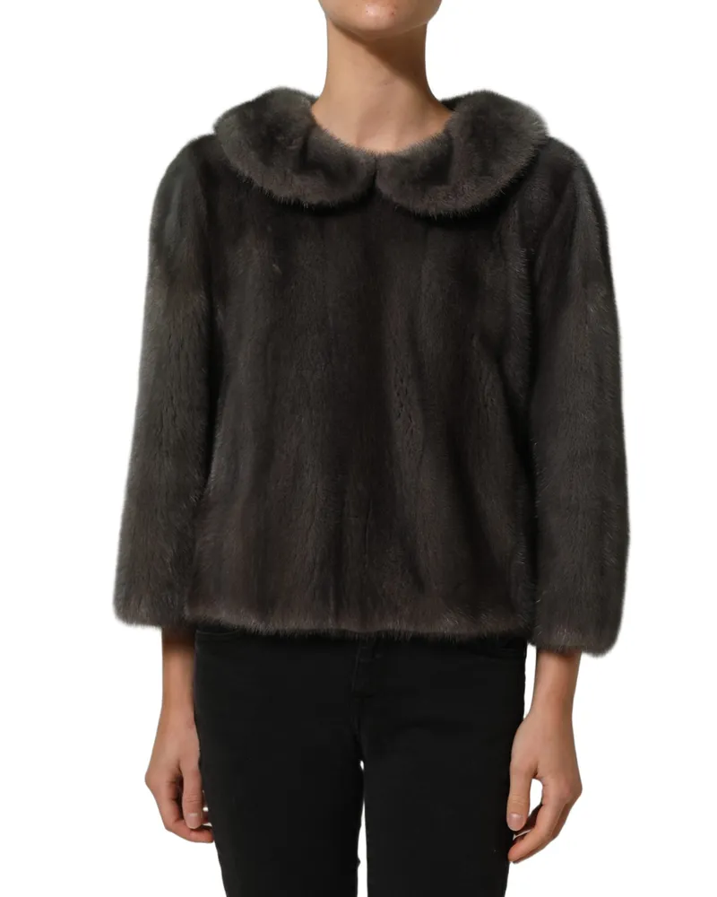 Dolce & Gabbana Women Dark Gray Mink Fur Round Collar Blouse Top Cashmere Sheep Gray