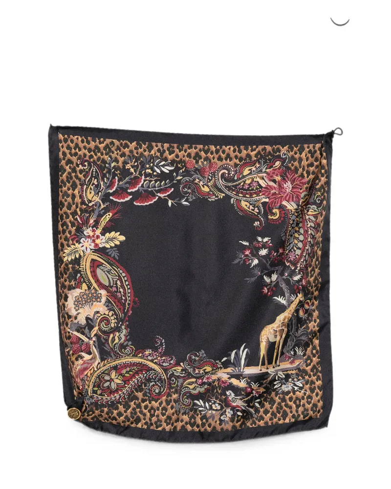 Etro Silk Paisley and Leopard Print Scarf — Black Black
