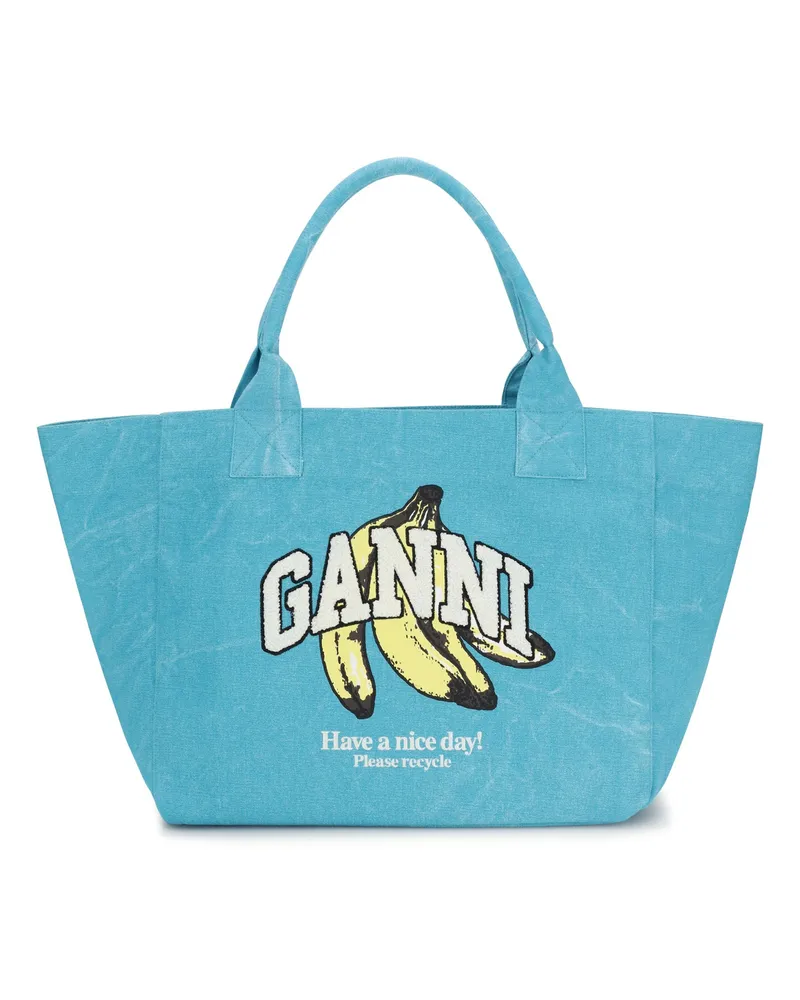 Ganni Women's Tote Bag Banana Print Blue Curacao Recycled Cotton Shoulder Blue