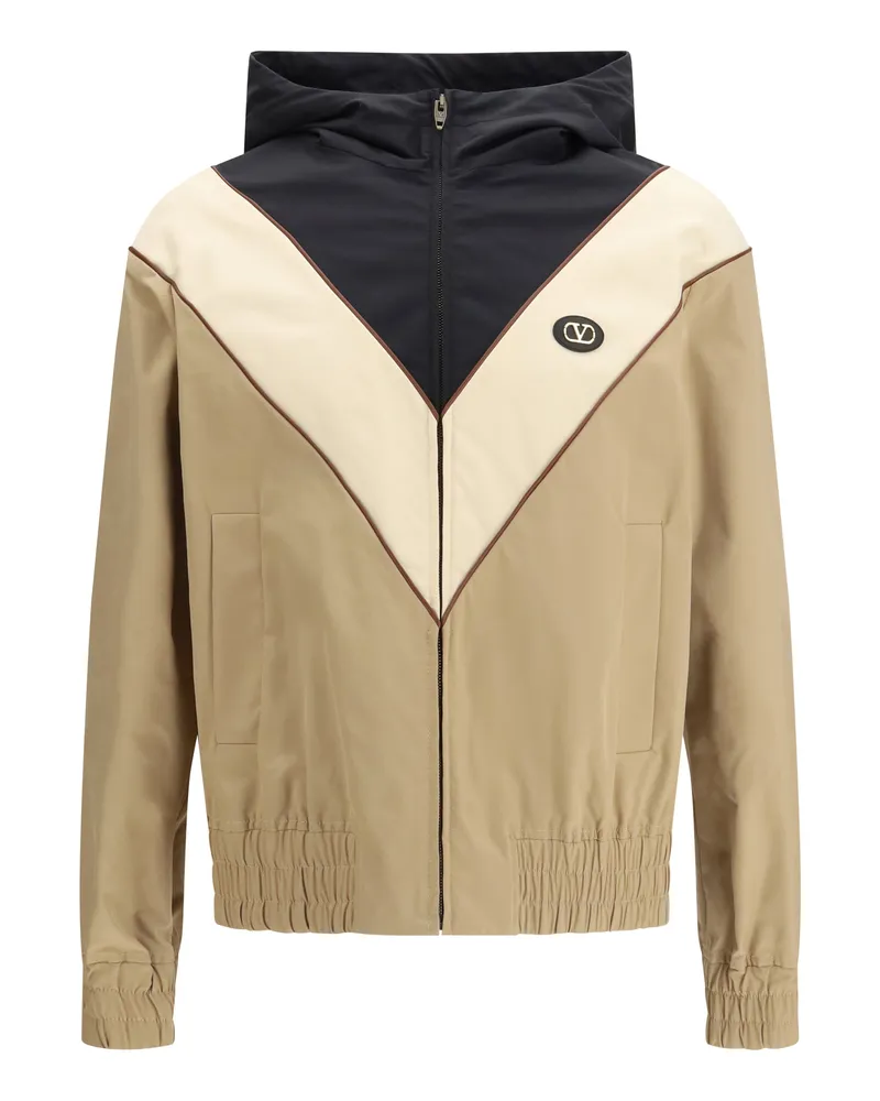 Valentino Garavani Men's Hooded Windbreaker Jacket Black-Cream-Camel Polyester Black/cream/camel Multicolor