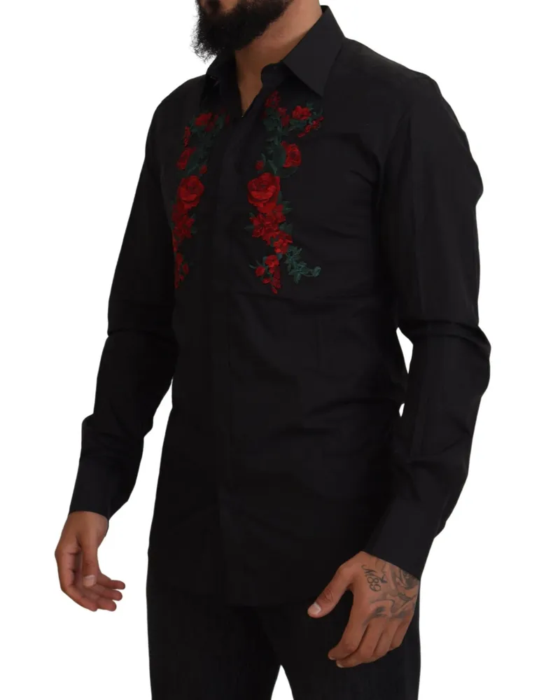 Dolce & Gabbana Black Floral Embroidery Men Long Sleeves Gold Shirt Cotton Black