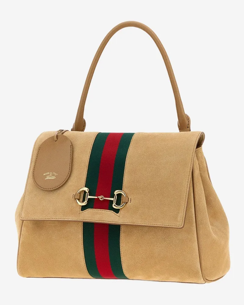 Gucci Women's Handbag Paparazzo Suede Beige Calf Skin Shoulder Bags Beige