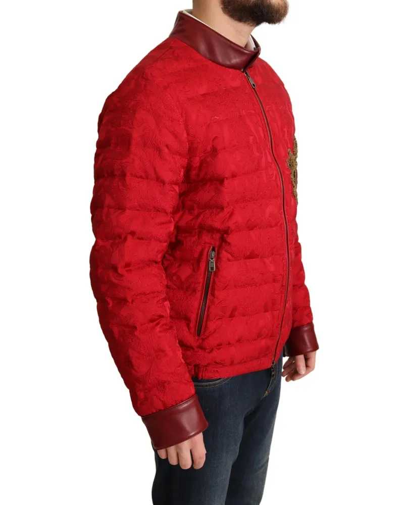 Dolce & Gabbana Men's Red Brocade Bomber Gold Crown Logo Coat Jacket Poleyster Clothing Red