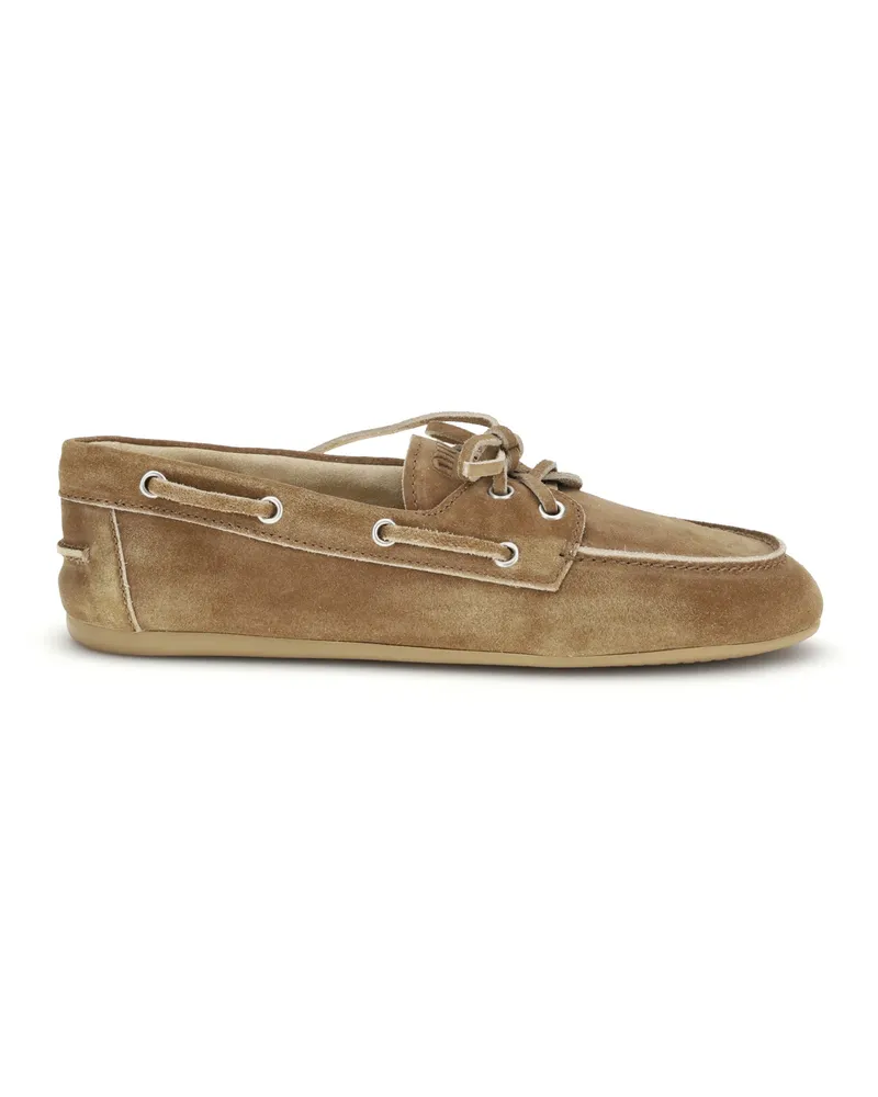 Miu Miu Women's Delavé Suede Unlined Loafers Cannella Calf Leather Bos Taurus Beige