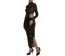 Women Black Floral Cut Out Sheath Long Maxi Dress Nylon Elastane Silk