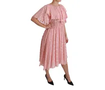 Women Silk Pink Polka Dots Pleated A-Line Midi Dress Metalized Fiber