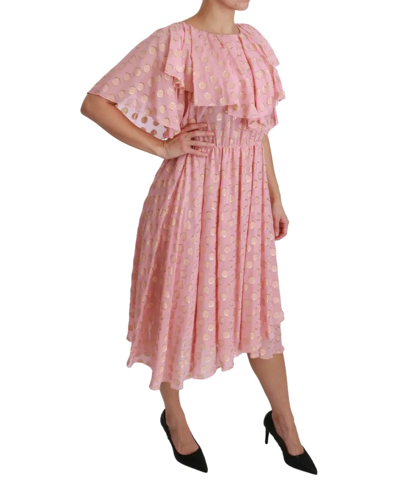 Dolce & Gabbana Women Silk Pink Polka Dots Pleated A-Line Midi Dress Metalized Fiber Pink