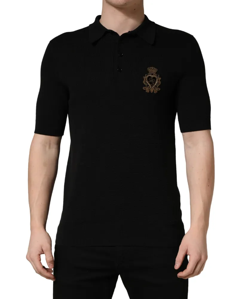 Dolce & Gabbana Men's Heraldic Crest Embroidered Polo Black Cotton Silk Black