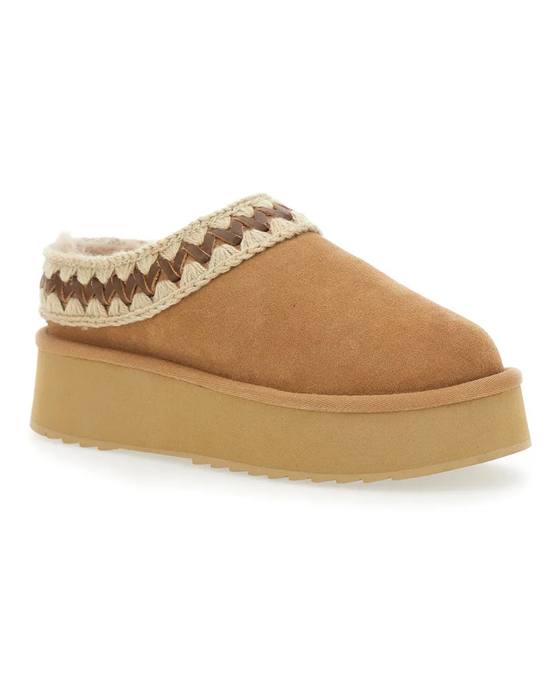 Mou Women's Beige Braided Suede Mules Sheep Beige