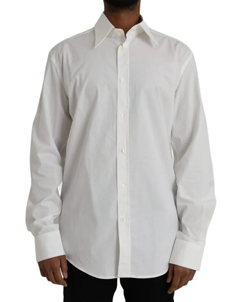 Dolce & Gabbana Men's White Cotton Dress Slim Fit Gold Shirt Elastane White
