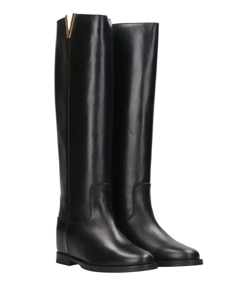 Via Roma 15 Gold V-Accent Leather Boots — Black Black