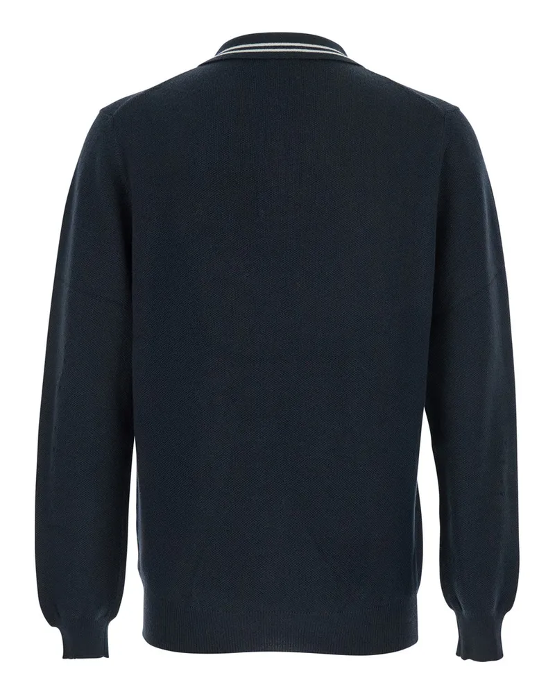 AUTRY Men's Blue Long-Sleeve Polo Shirt With Striped Collar Wool And Cotton Blend T-Shirts Polos Navy