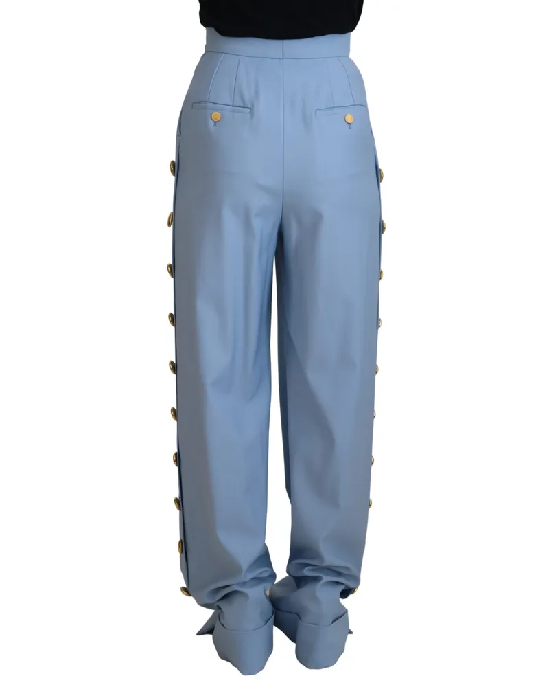 Dolce & Gabbana Women Light Blue Button Wide Leg Pants Wool Blue
