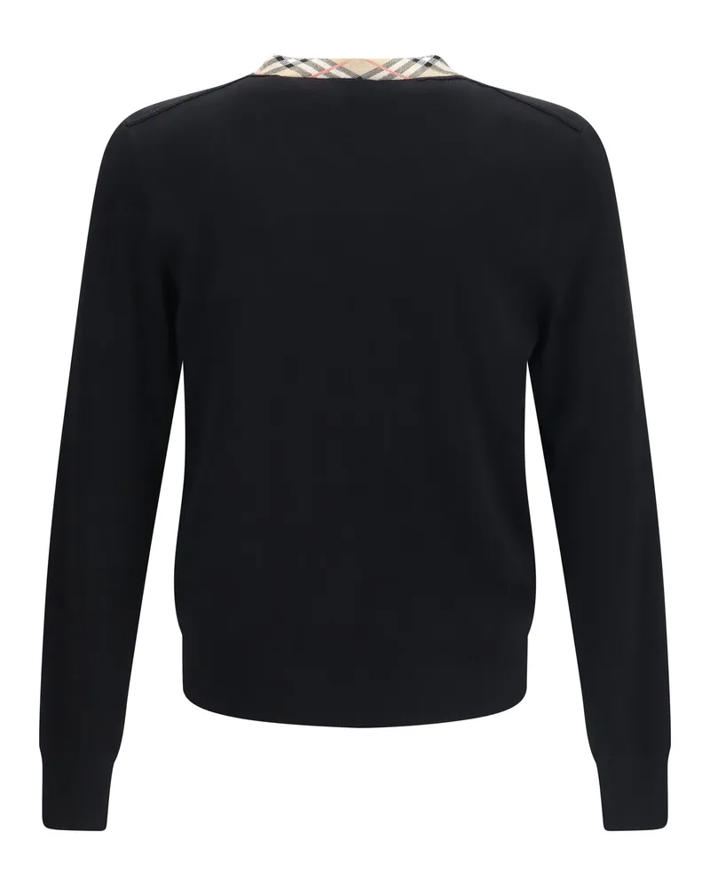 Burberry Men Wool Sweater Check Trim Black Merino Black