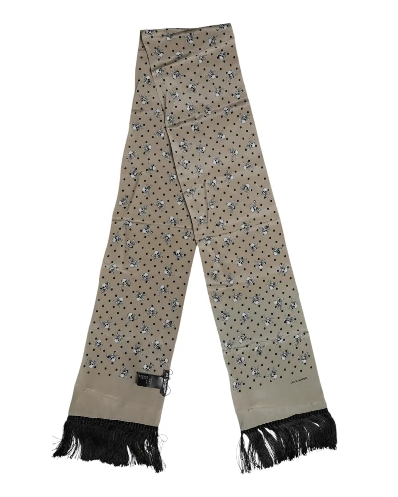 Dolce & Gabbana Gray Skulls Silk Fringes Men Foulard Scarf Gray