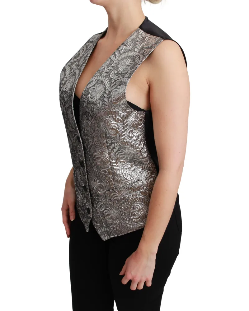 Dolce & Gabbana Women Silver Brocade Sleeveless Metallic Top Silver