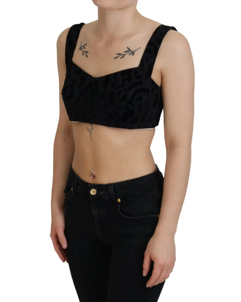 Dolce & Gabbana Women Black Leopard Cropped Bustier Corset Bra Top Cotton Black