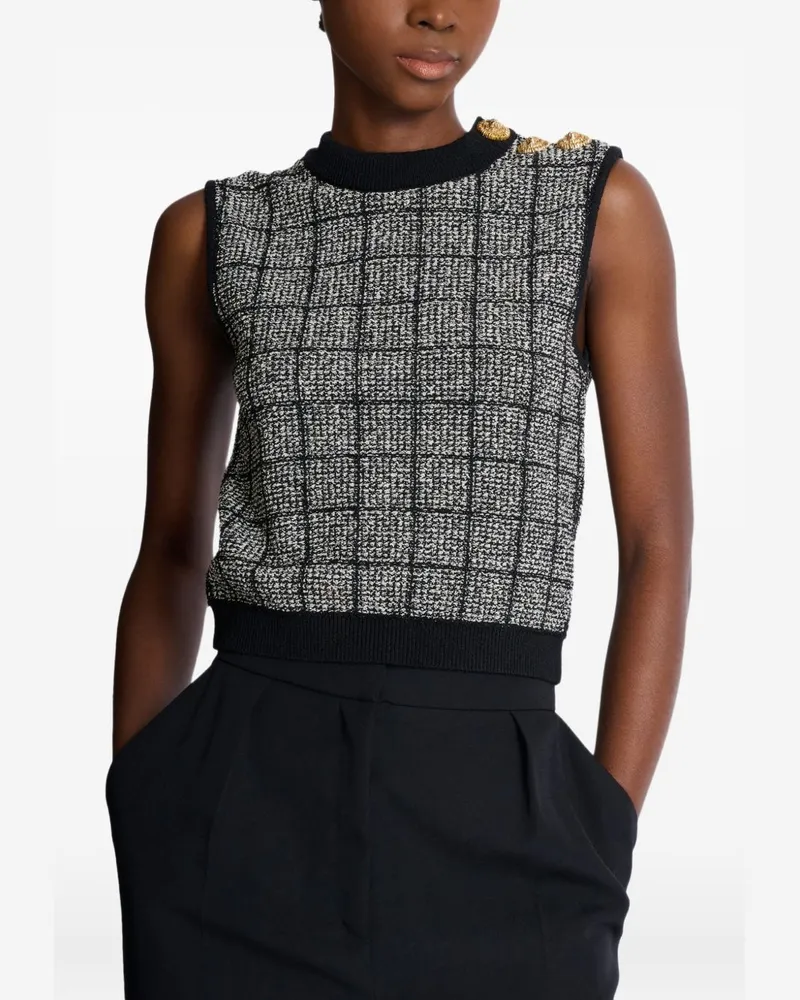 Balmain Tweed with Gold Button Embellishment Tank Top — Black Black
