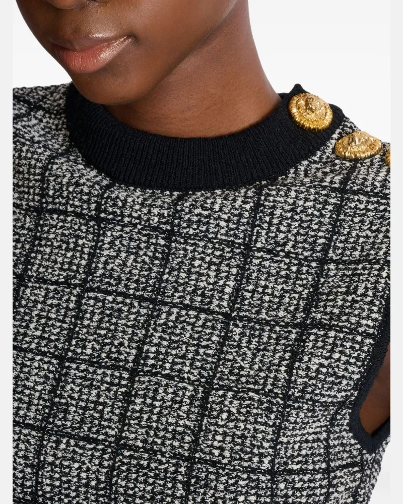 Balmain Tweed with Gold Button Embellishment Tank Top — Black Black
