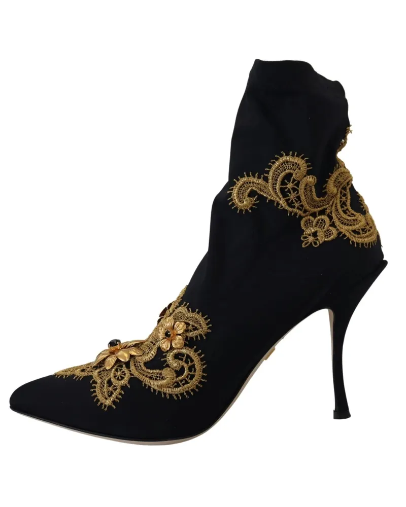 Dolce & Gabbana Women's Black Gold Embroidery Crystal Boots Shoes Black