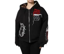 Women Black Embroidered Full Zip Hooded Jacket Cotton Clothing