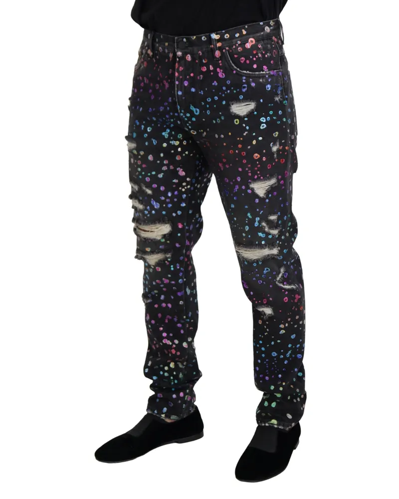 Dolce & Gabbana Men's Black Multicolor Print Tattered Denim Jeans Cotton Clothing Black