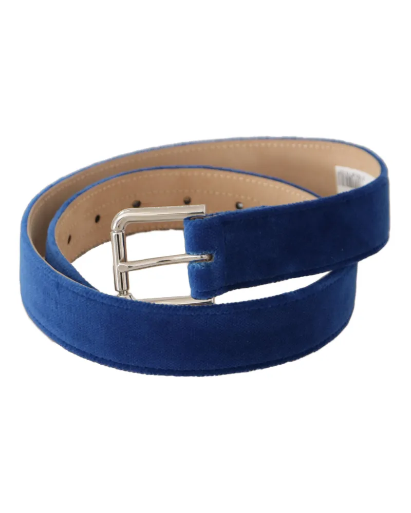 Dolce & Gabbana Women's Blue Velvet Silver Logo Engraved Metal Buckle Belt Blue