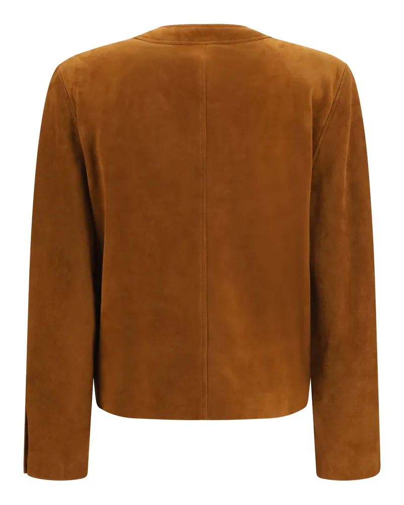 Saint Laurent Women's Short Suede Jacket With Buttons Rhum Ambre Lamb Ovis Aries 