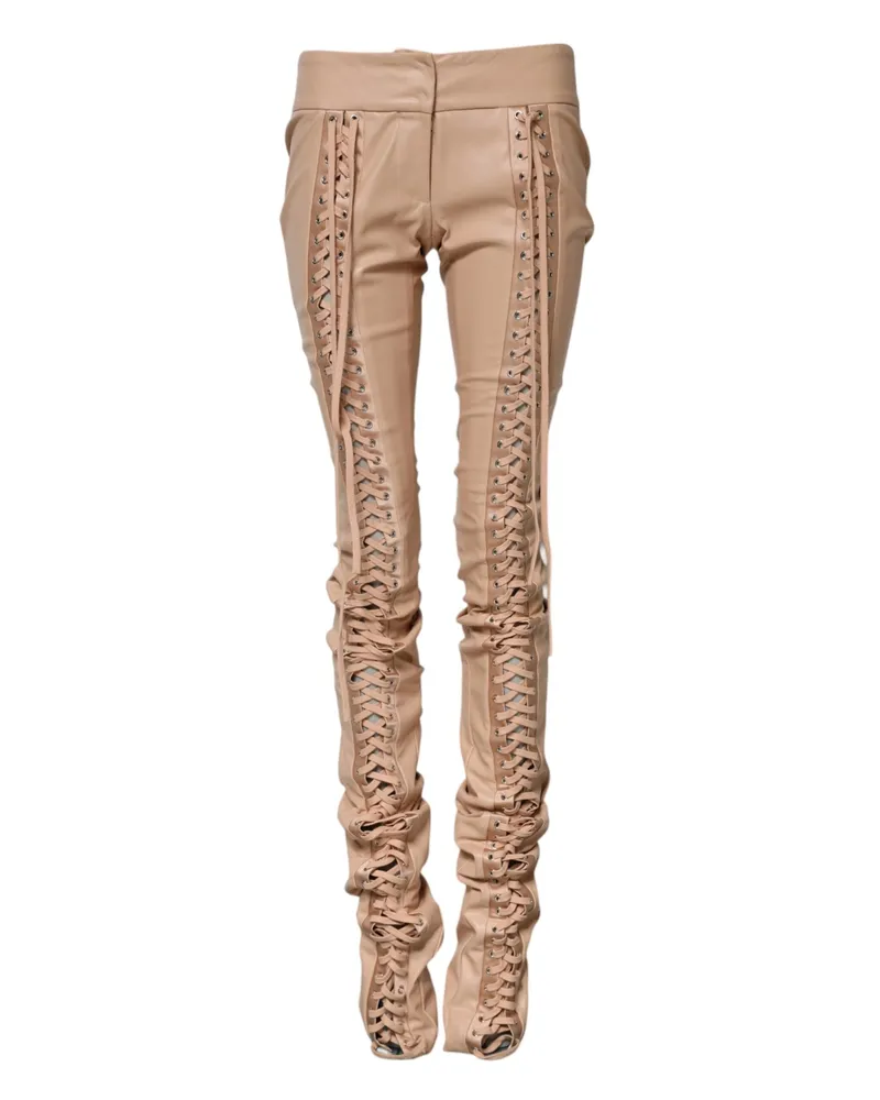 Dolce & Gabbana Women Beige Lace Details Mid Waist Skinny Pants Polyurethane Polyester Beige