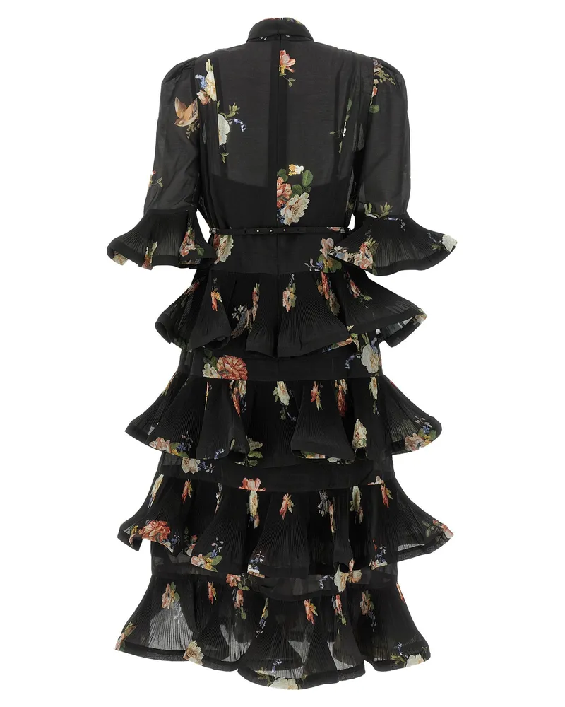 Zimmermann Pleated Flounce with Botanical Print Dress — Black Black