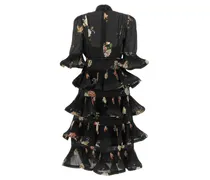 Pleated Flounce with Botanical Print Dress — Black