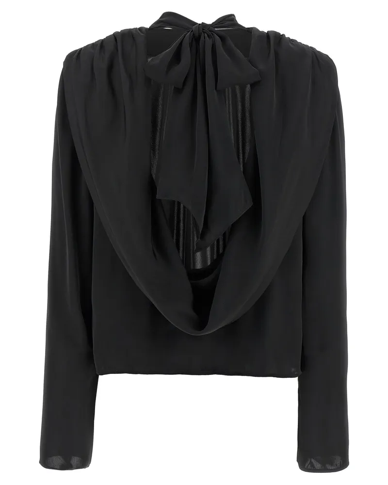 ROTATE Birger Christensen Satin Draped Back Blouse — Black Black