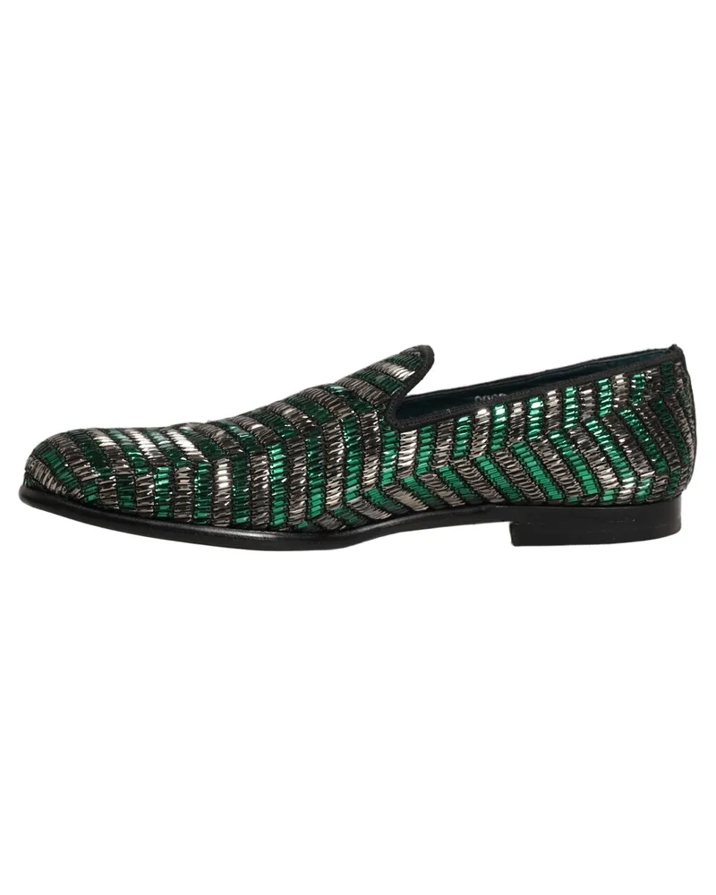 Dolce & Gabbana Men's Silver Green Embellished Dress Loafers Shoes Leather Silver