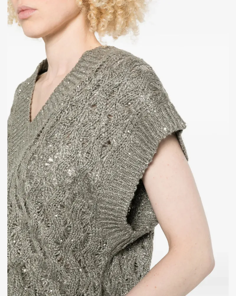 Brunello Cucinelli Women's Sequin V-Neck Knitted Vest Ss26 W Grey