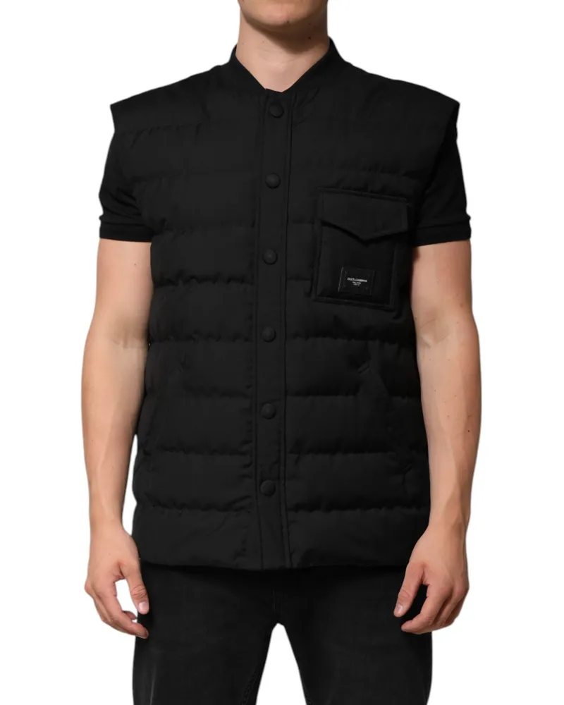 Dolce & Gabbana Men's Black Sleeveless Parka Logo Plaque Jacket Polyester Viscose Clothing Black