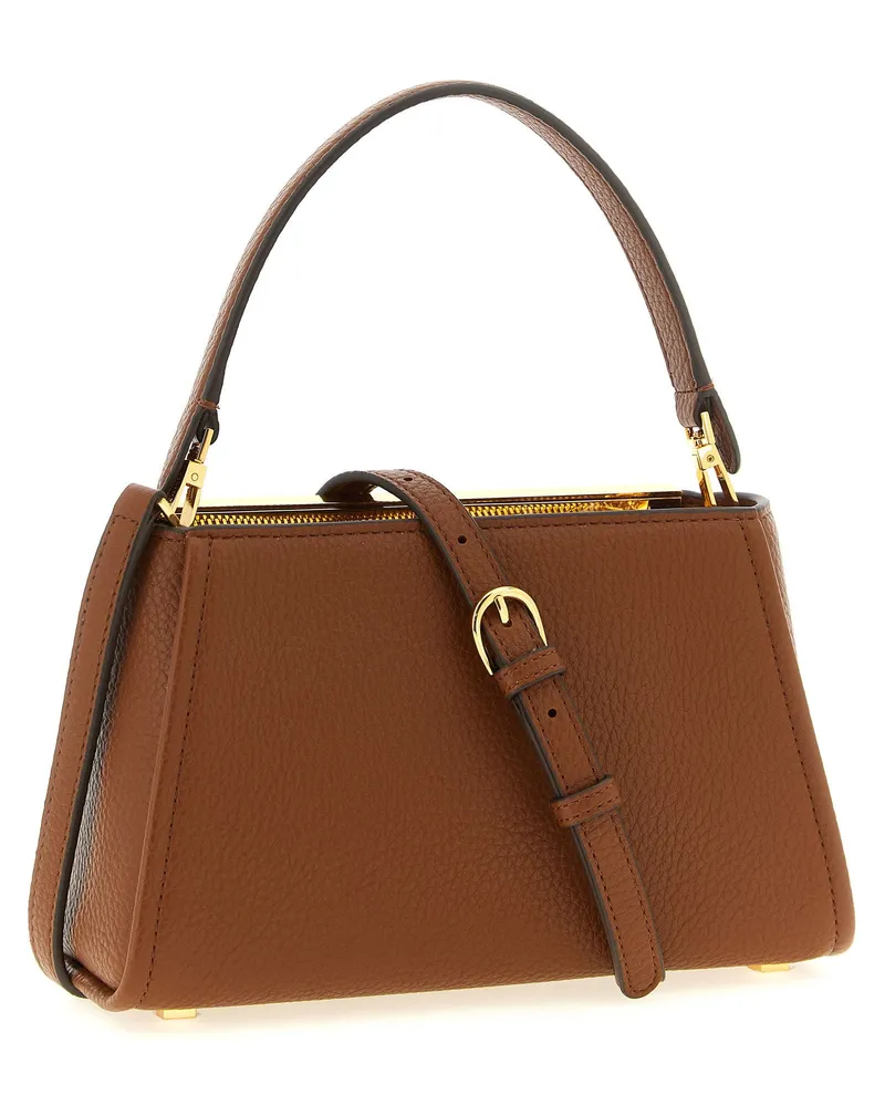 Elisabetta Franchi Gold-Logo Hammered Leather Top Handle Bag — Brown Brown