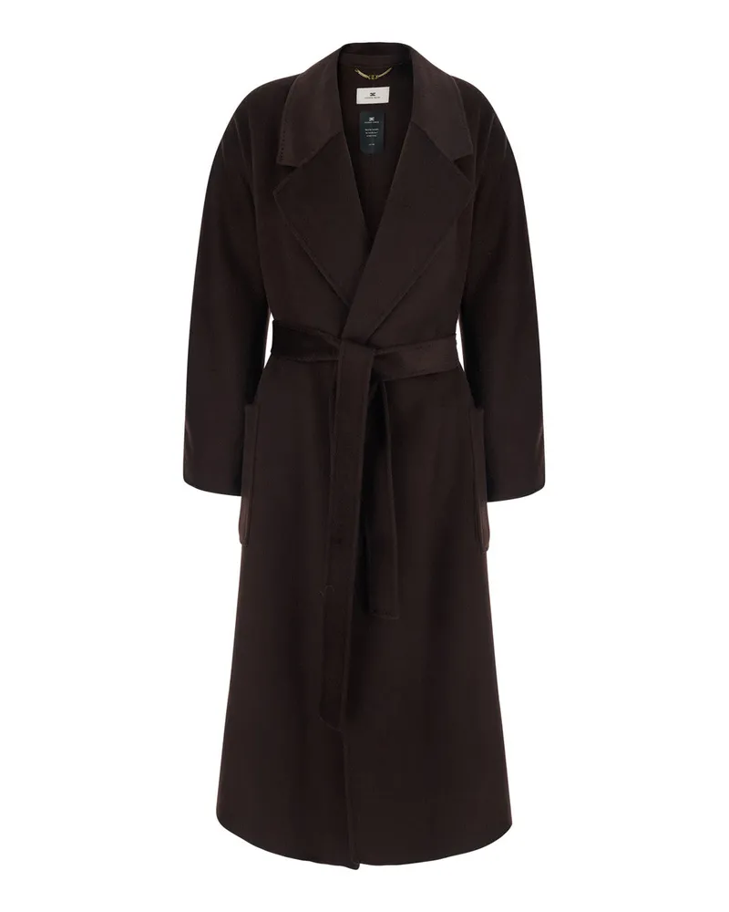 Elisabetta Franchi Belted Notched Collar Coat — Brown Brown