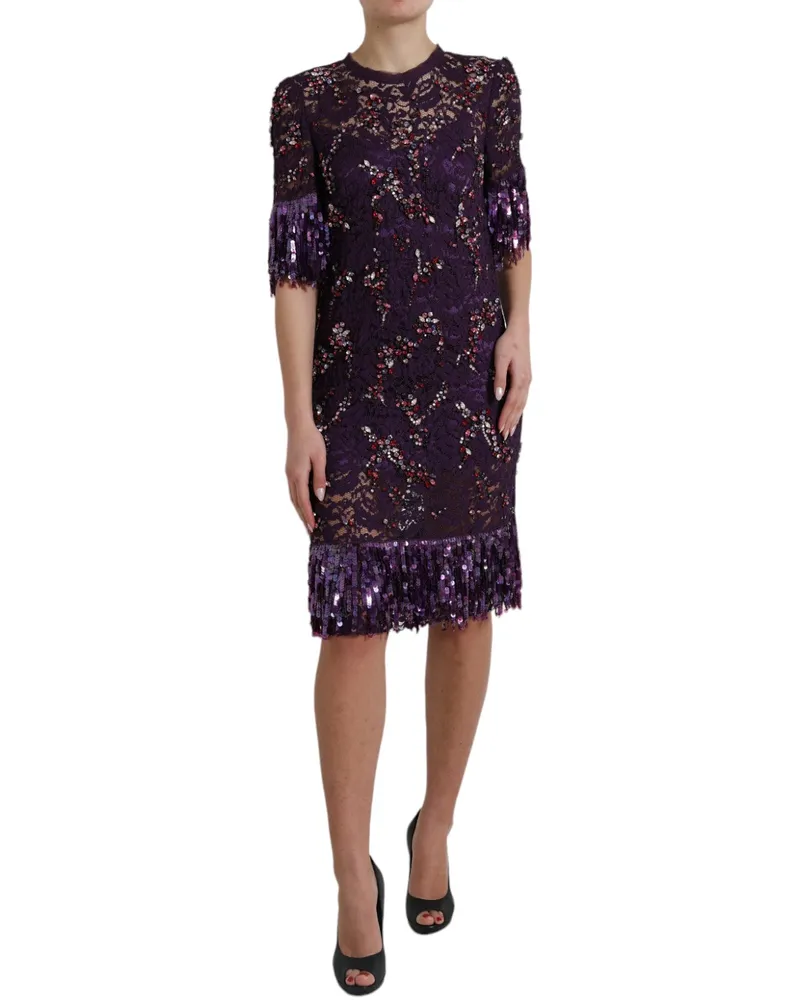 Dolce & Gabbana Women's Purple Floral Lace Crystal Embedded Dress Rayon Purple