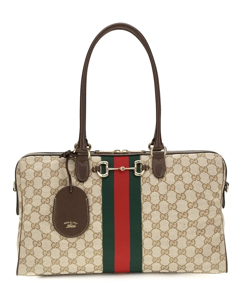 Gucci Women's Top Handle Bag Horsebit Web Vintage Sand-Dark Brown-Green Fabric Handbags Sand/dark Brown/green Hand Beige