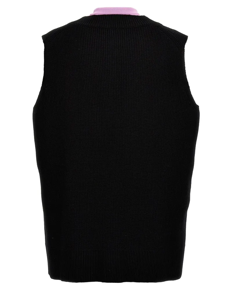 Jil Sander Wool Blend Knit with Contrast Neck Insert Vest — Black Black