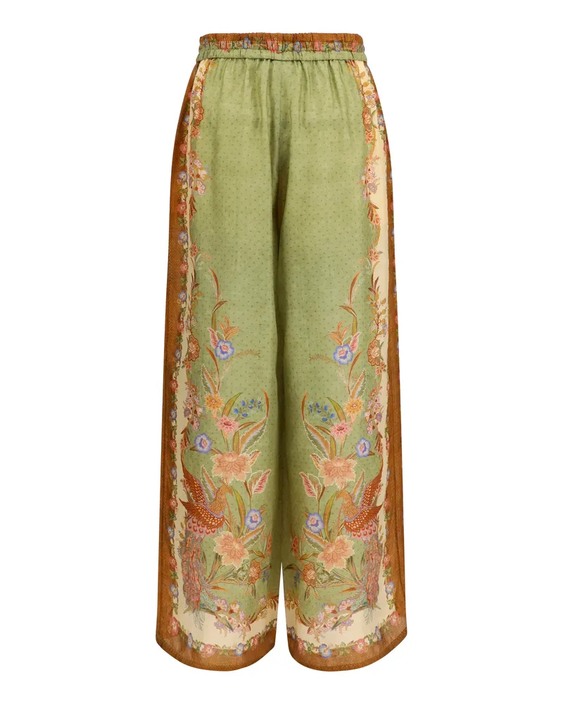 Zimmermann Women's Indra Relaxed Pants Khaki Scarf Floral Silk Trousers Green