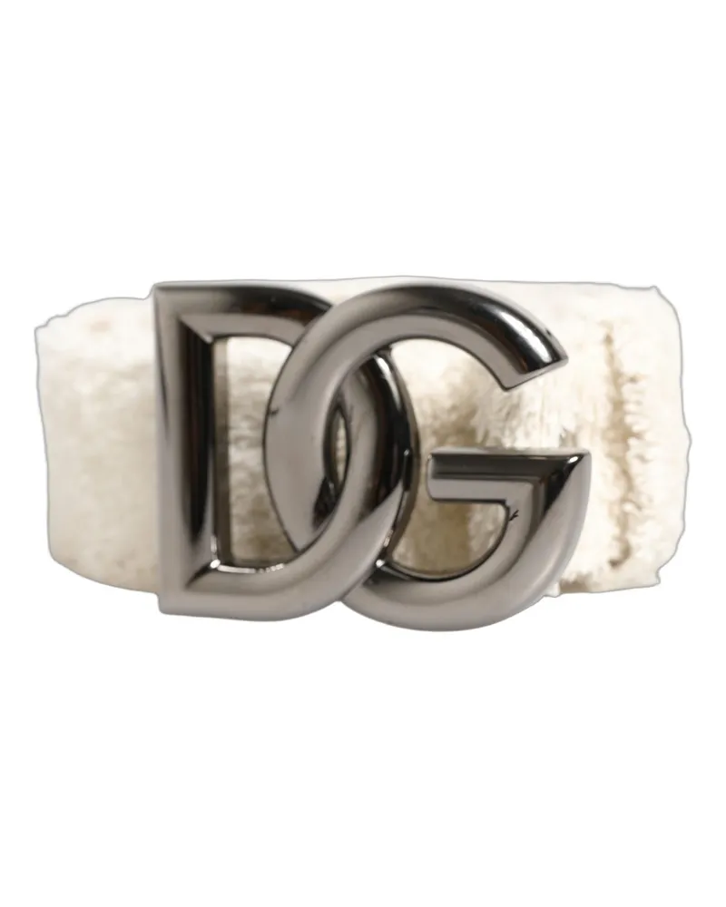 Dolce & Gabbana Women's White Cotton Fleece Dg Logo Metal Buckle Belt White