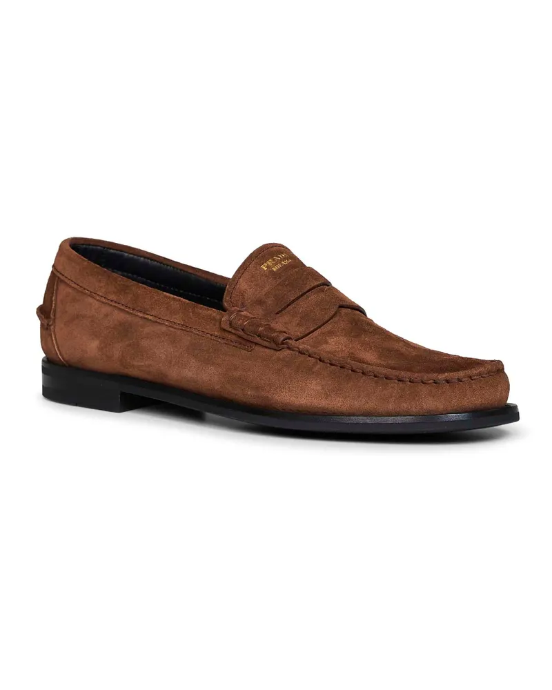 Prada Men's Loafers Aged-Effect Suede Cocoa Brown Calf Leather Brown