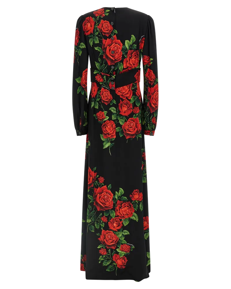 Dolce & Gabbana Rose-Print Silk Charmeuse Dress — Black Black
