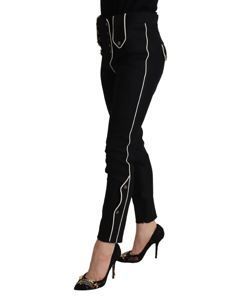 Dolce & Gabbana Women Black Mid Waist Button Embellished Slim Fit Pants Wool Elastane Black