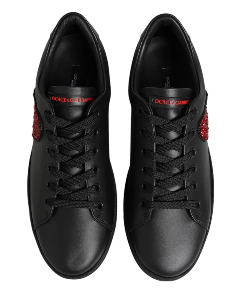 Dolce & Gabbana Women's Black Leather Crystal Heart Low Top Sneakers Shoes Calf Black