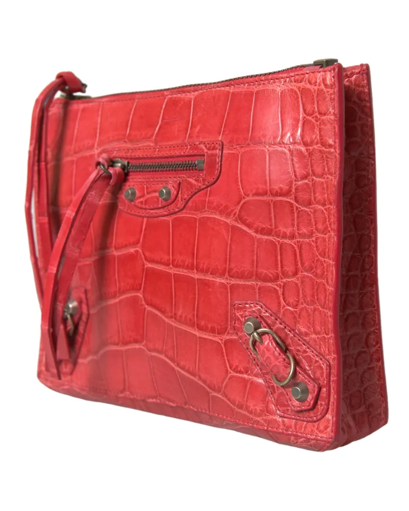 Balenciaga Women's Red Exotic Skin Leather Classic Pouch Purse Wristlet Bag Alligatorskin Red